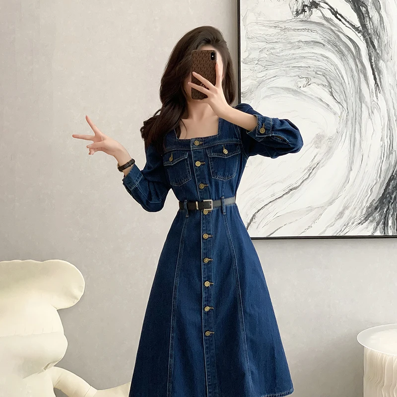 レトロなスクエアカラーデニムドレス レディース 春秋新作 スリムロング丈 ハイライズ カジュアル X-ape ドレス
