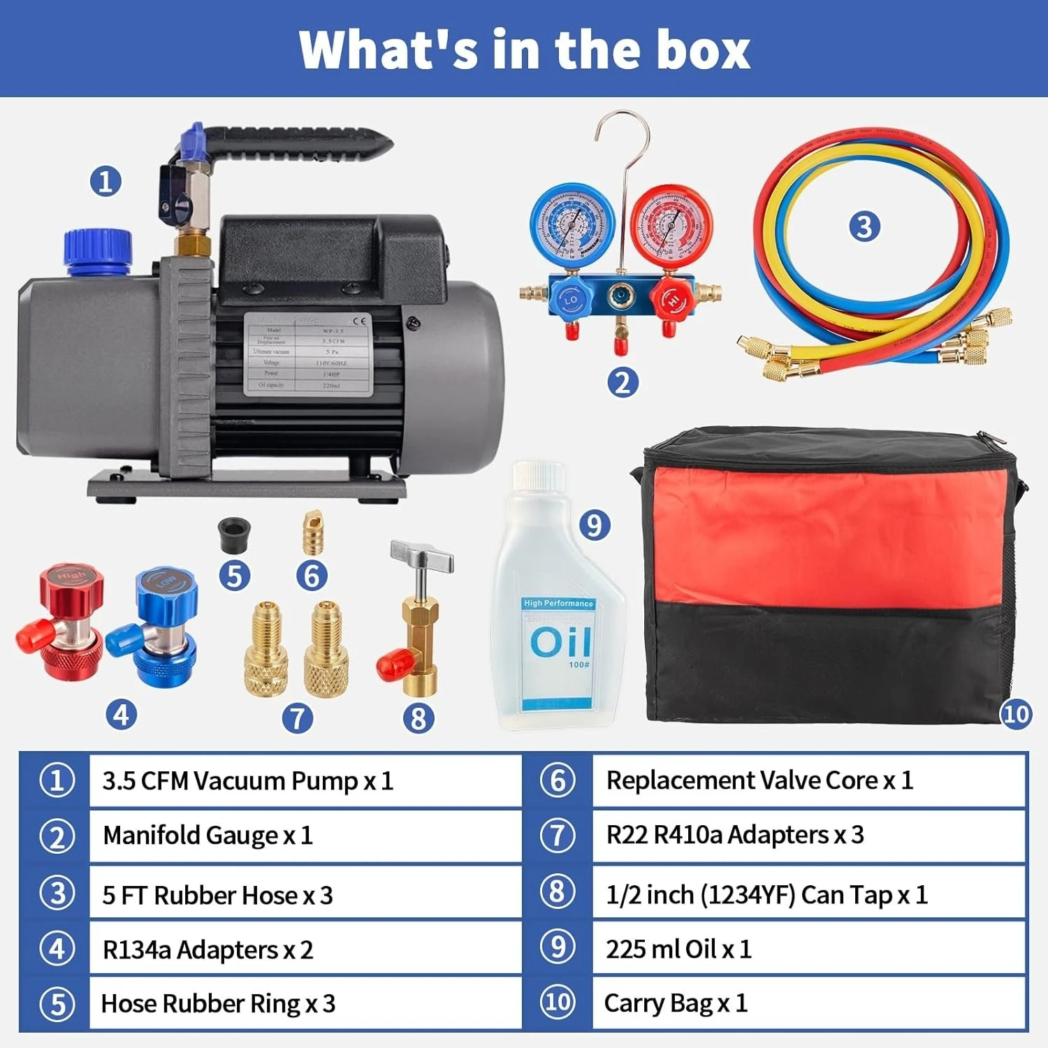 ZZH 3,5 CFM AC pompe à vide et ensemble de jauges de collecteur, 110 V 1/4 HP pompe à vide d'air à palettes rotatives à un étage HVAC pour R12, R22, R410a