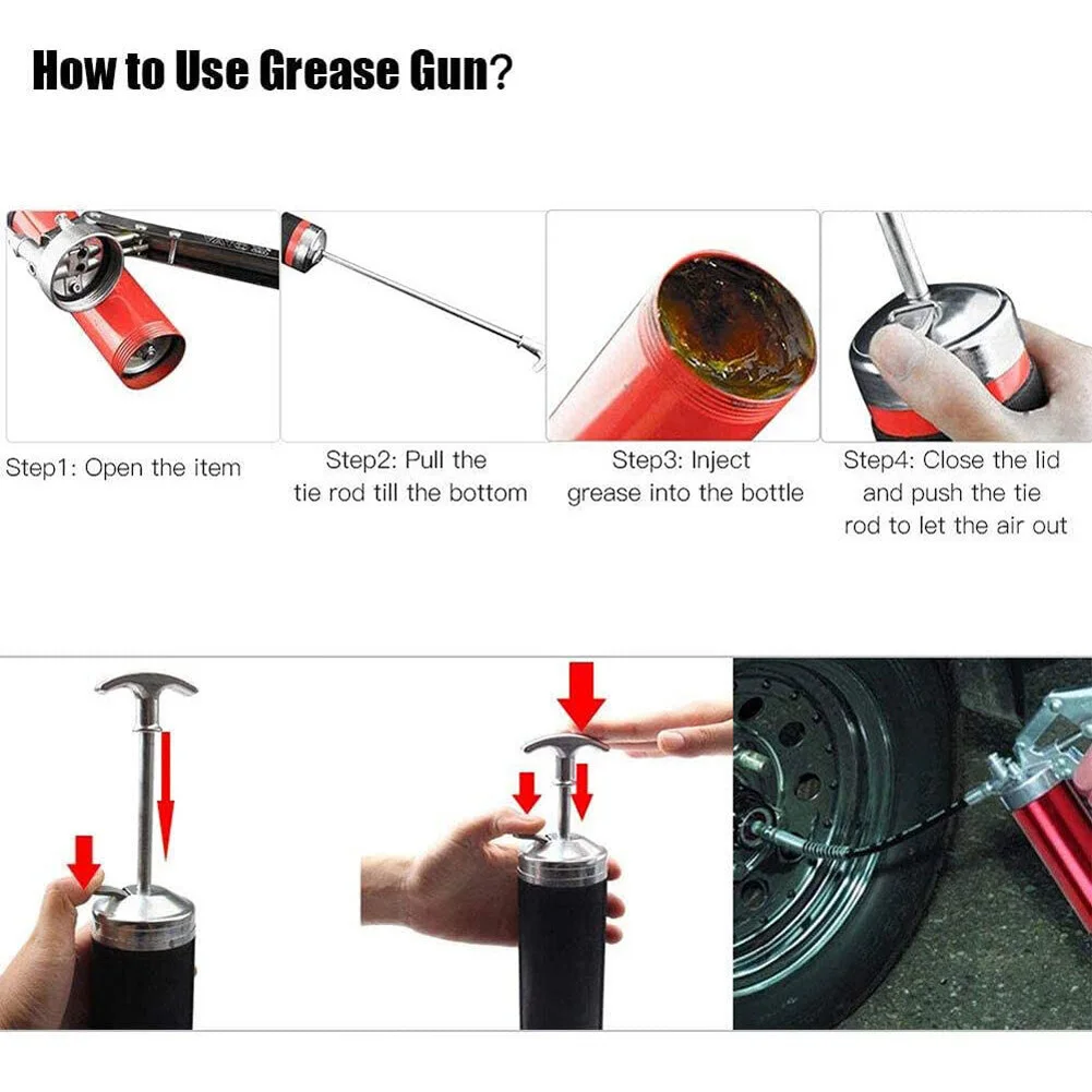 400CC Air Operated Grease Gun 6000PSI Pneumatic Grease Gun Flexible Hose Pneumatic Compressor Pump 2 Coupler 1 Bent Metal Pipe