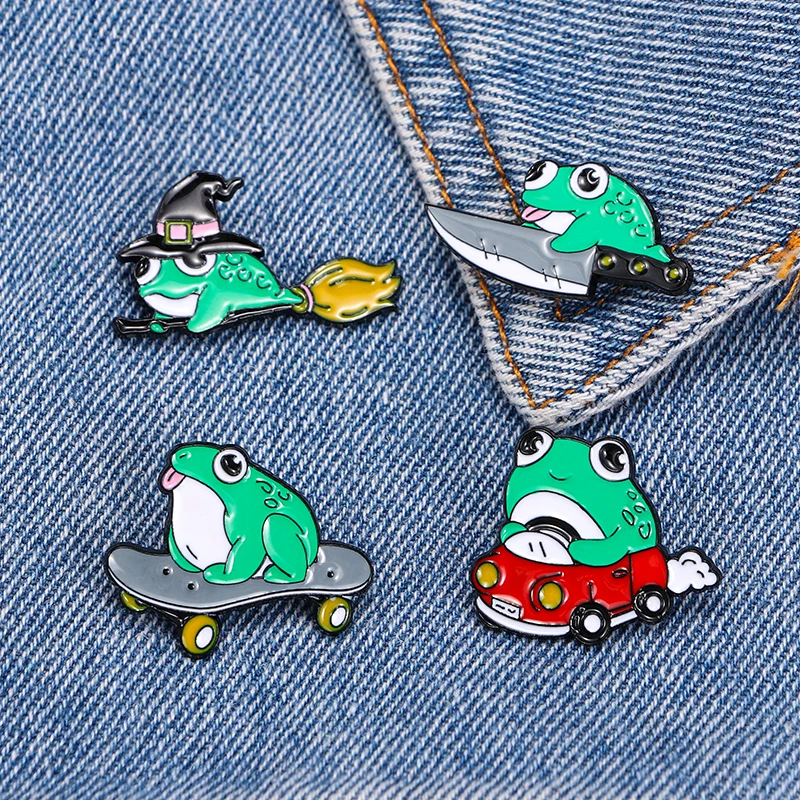 4Pcs/Set Statement Frog Drive Series Pins Skateboard Knife Broom Magic Hat Pattern Enamel Brooches For Bag Hat Jewelry