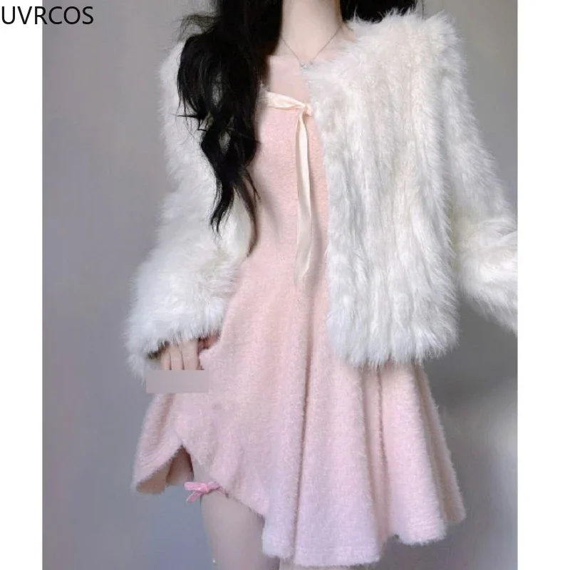 Sweet Lolita Style 2 Piece Dress Set Women White Plush Coat Kawaii Bow Knitted Sweater Skirts Suit Female Korean Fashion Outfits