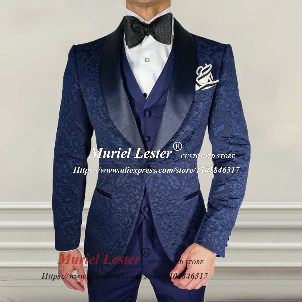 

Classic Suits Men Slim Fit Navy Blue Jacquard Jacket Tailore Made 3 Pieces Formal Wedding Tuxedo Blazer Vest Pants Fashion Dress