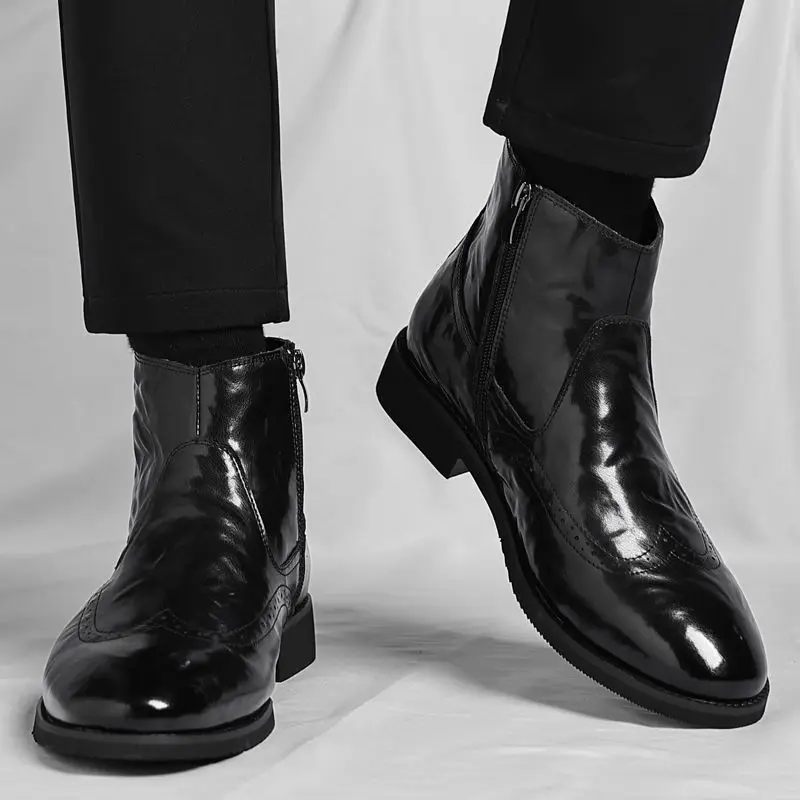 Men Chelsea Boots Soft Leather High Top Business Casual Shoes Lace Up Comfortable Dress Ankle Boots Korean Style
