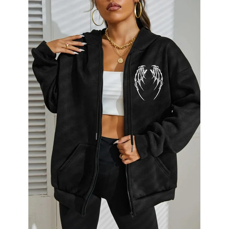 الإبداعية أجنحة الهيكل العظمي تصميم طباعة قلنسوة بسحاب امرأة موضة الصوف هودي الخريف كل مباراة رياضية الشارع رداء علوي غير رسمي #3