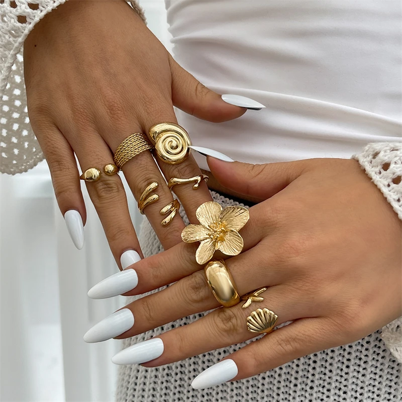 8-teiliges Set Bohemian Vintage Offener Gelenkring für Damen, Urlaubs- und Strandstil, Metall-Blütenblatt, Seestern, Knöchelring, Partyschmuck
