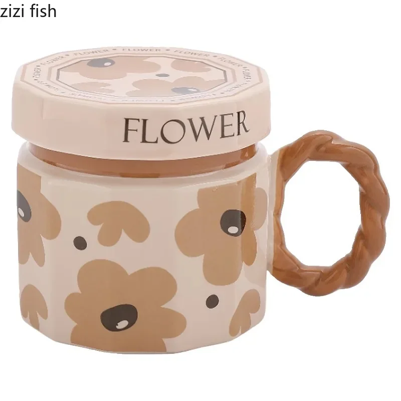 كوب سيراميك عتيق مع غطاء بني بنمط هندسي فنجان قهوة كوب لاتيه كوب للزوجين أكواب الإفطار أكواب شاي منزلية أكواب مياه