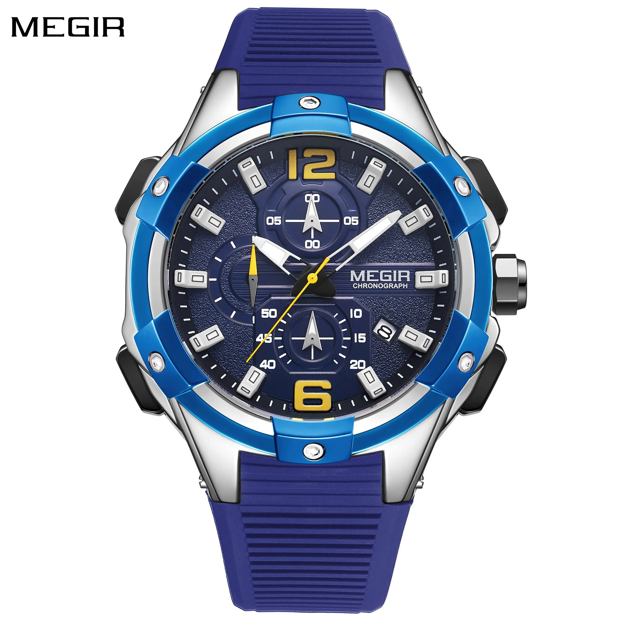 MEGIR Men Watch Silicone Strap Big Dial Chronograph Original Luxury Sport Military Wristwatches Date Clock Luminous Montre Homme