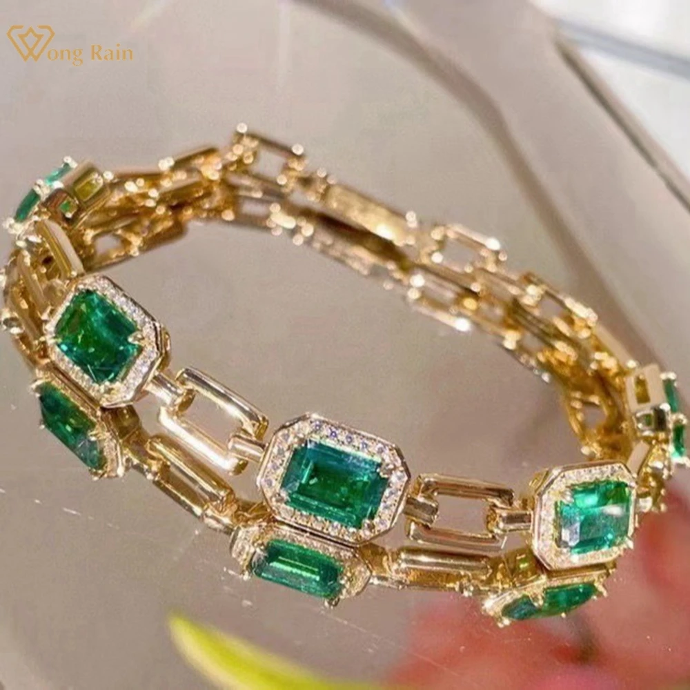 

Wong Rain Vintage 18K Gold Plated 925 Sterling Silver Emerald High Carbon Diamond Gemstone Bracelets Bangle Fine Jewelry Gifts