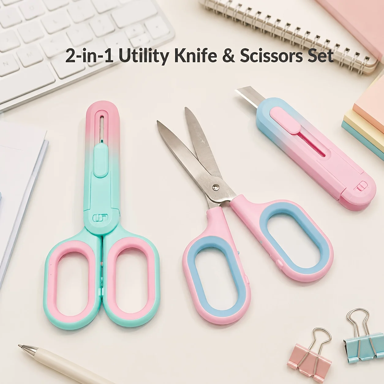 Gradient Color Two-in-One Multi-Function Scissors Utility Knife,Portable Retractable Blade Cutter, Envelope Opener,Utility Knife