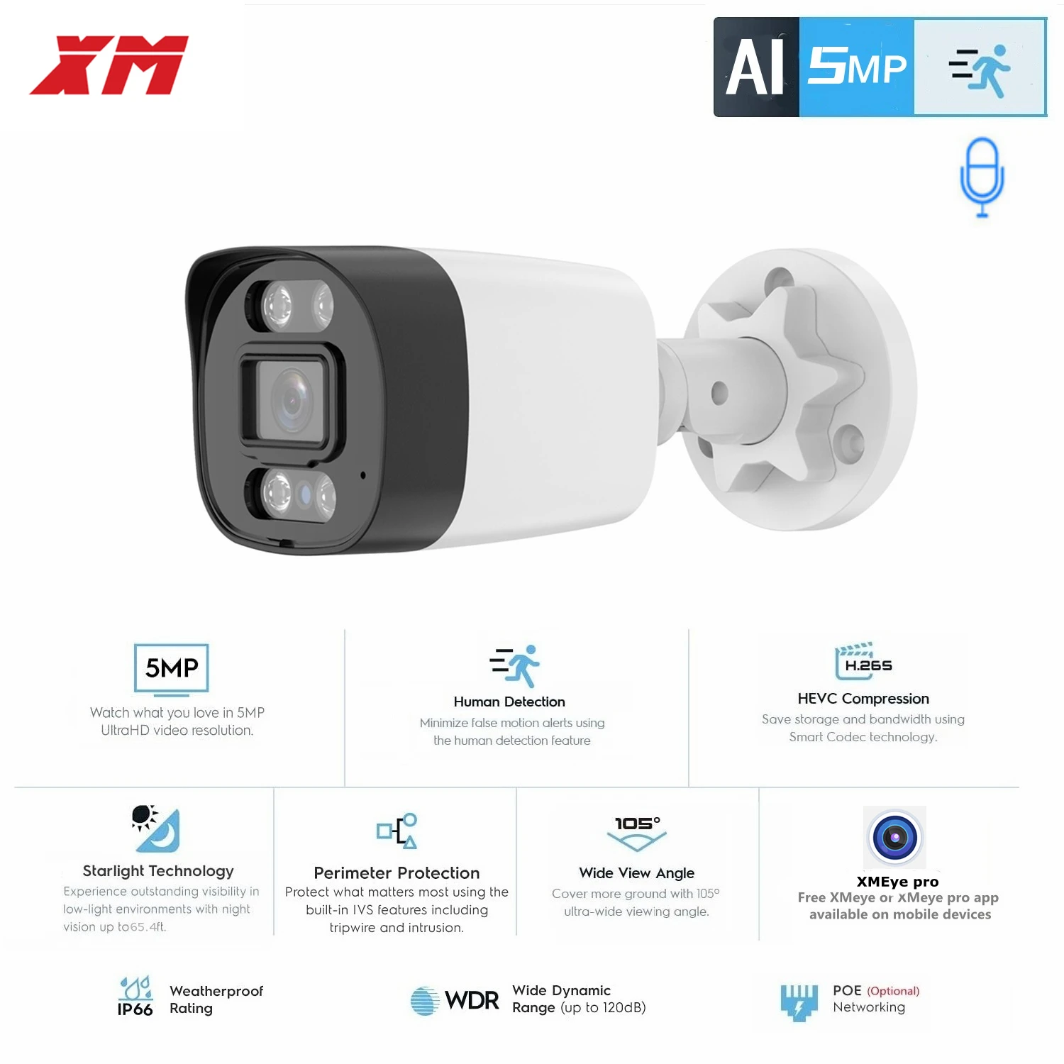 camera de vigilancia de audio e video impermeavel sistema nvr xmeyepro poe cctv security exterior 5mp h265 mais xm 01