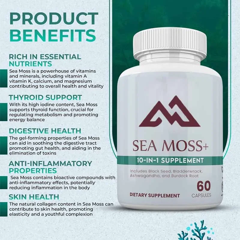 

Sea Moss Black Seed Oil South African Drunken Eggplant Bladder Burdock 10in1 60 capsules vegetarian capsules containing minerals