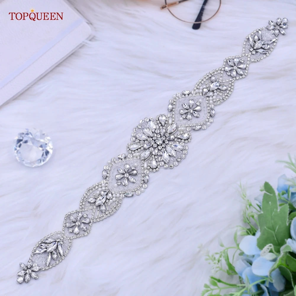 TOPQUEEN S433 Luxury Designer Belts Silver Rhinestone Appliques Wedding Dress Bridal Accessories Women\'S Evening Party Sash