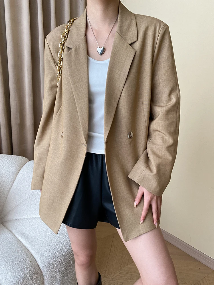 [LANMREM] Lace-up Gathered Waist Blazers Women's Double Breasted Office Lady Loose Coats Fashion 2024 Autumn New 26D9675