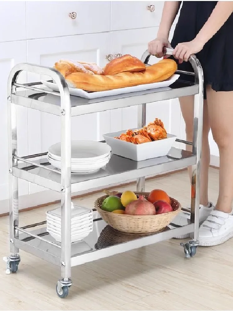 Stainless Steel Three-Layer Hot Pot Vegetable Rack Dining Car, Hotel Dining Table Three-Layer Handcart, Stew Pot Storage Rack