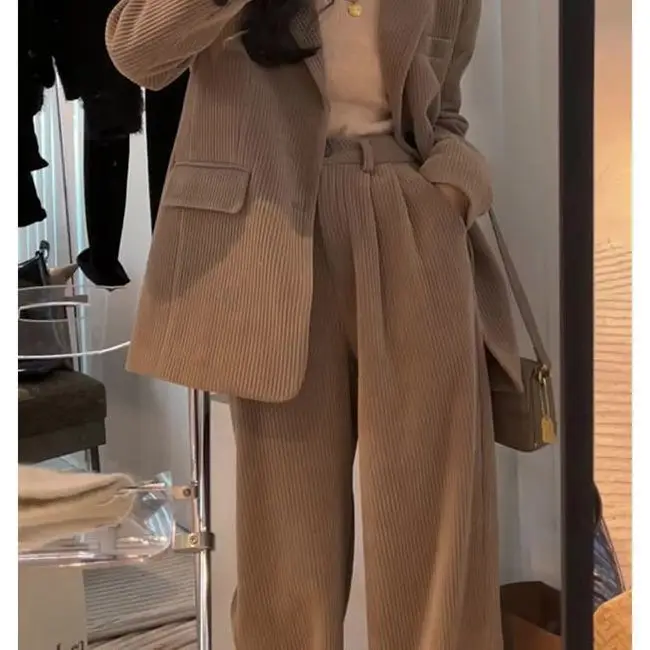 Woman\'s Autumn/winter British Style Short Blazer Coat Wide-leg Pant Set Retro Casual Solid Color Loose Suit Pants Two-piece