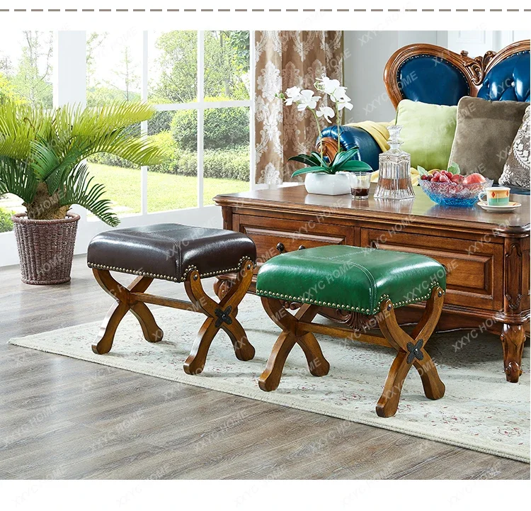 A  Solid wood shoe changing stool American simple soft bag living room leather pedal