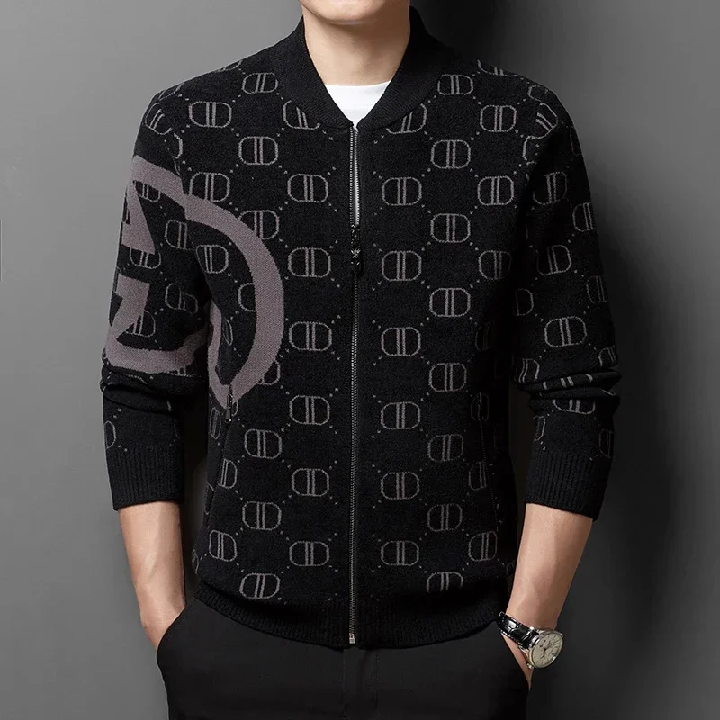 Spring and Autumn Zipper Knitted Cardigan Stand Collar Jacket 2025 Men's High-end Printed Casual Baseball Trendy