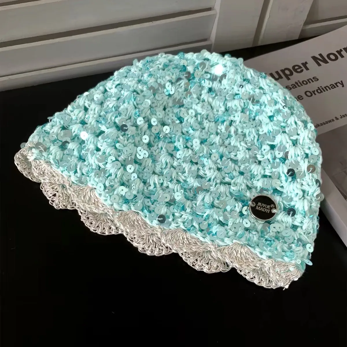 Women Handmade Crochet Beanie Sequin Flower Decor Hollow‑Out Thin Pullover Skull Cap Aesthetic Photo Props Headwear Knitted Cap