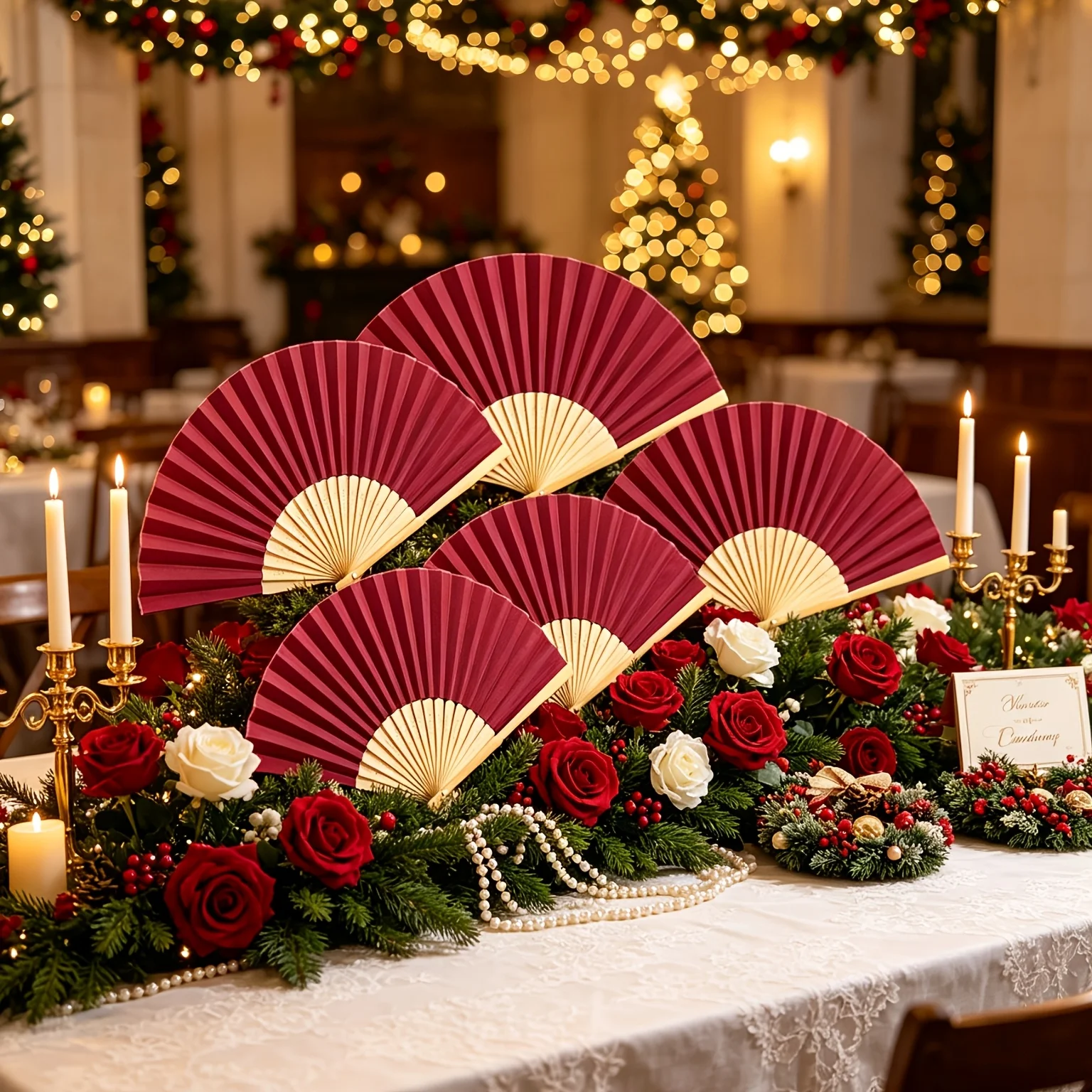 12 SET Burgundy Hand Fan Souvenir Gift Including 12pcs Folding Fans And 12pcs Organza Bags  Bridesmaid Parties