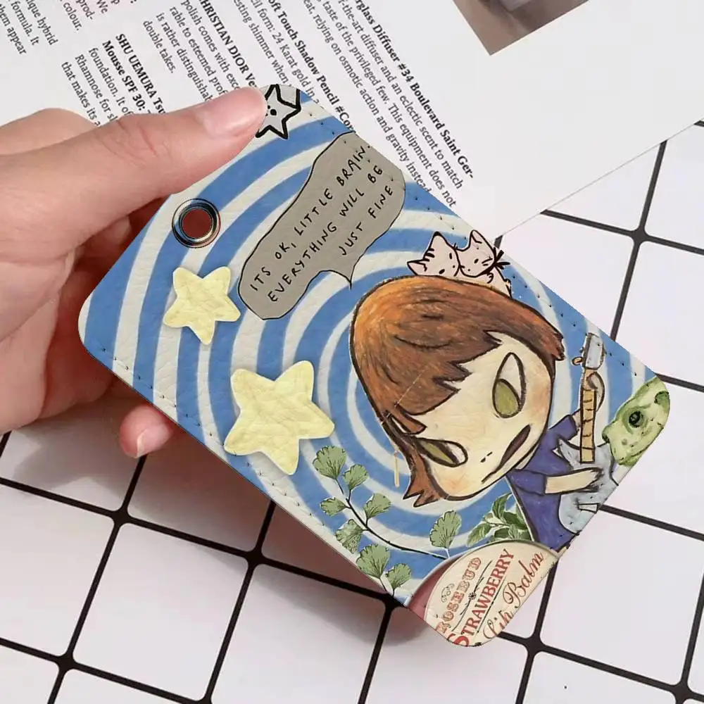 Yoshitomo N-Nara 長方形 ID カードケース キーホルダー アクセスカードバッグ キータグリング レザーカードホルダー キーリング アクセス