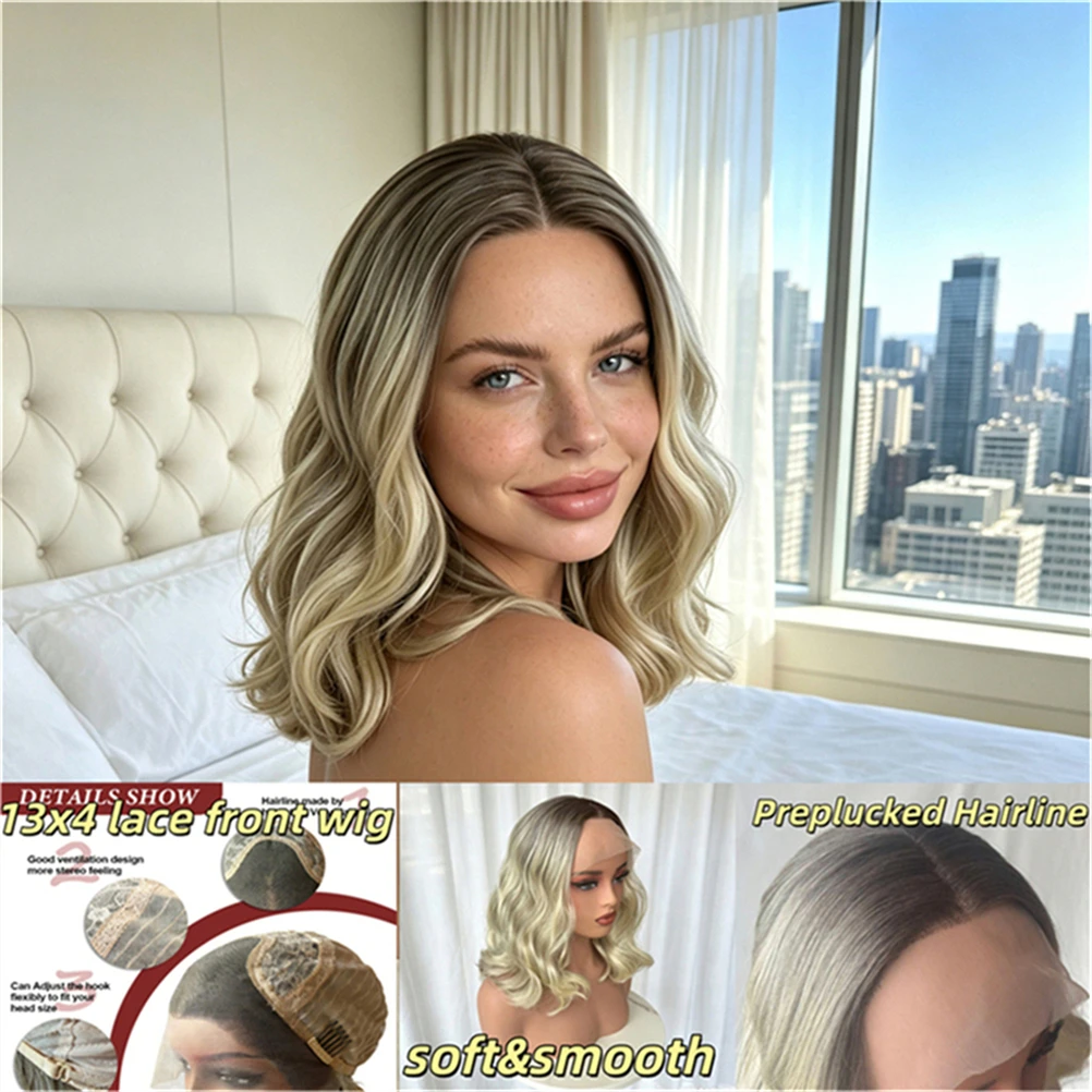 Free Part Short Wave Bob Ombre Ash Blonde Synthetic Lace Front Wig High Quality Heat Resistant Fiber Natural Preplucked Hairline