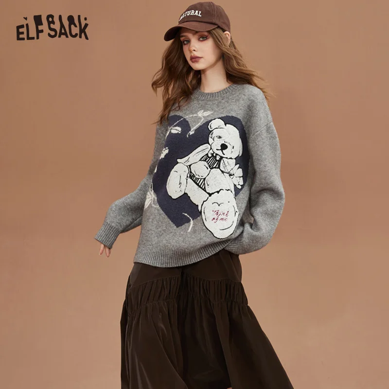 ELFSACK Kawaii Christmas New Year Red Pullover Sweaters Women Autumn/Winter Plus Size Knitwear