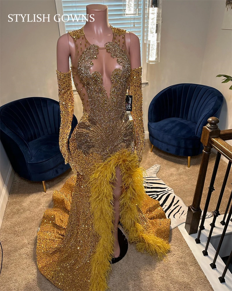 Gold O N Sequin Long Prom Dress Black Girl Bead Crystal 2024 Birthday Luxury Dress Feather Split Evening Gown Gloves Customized