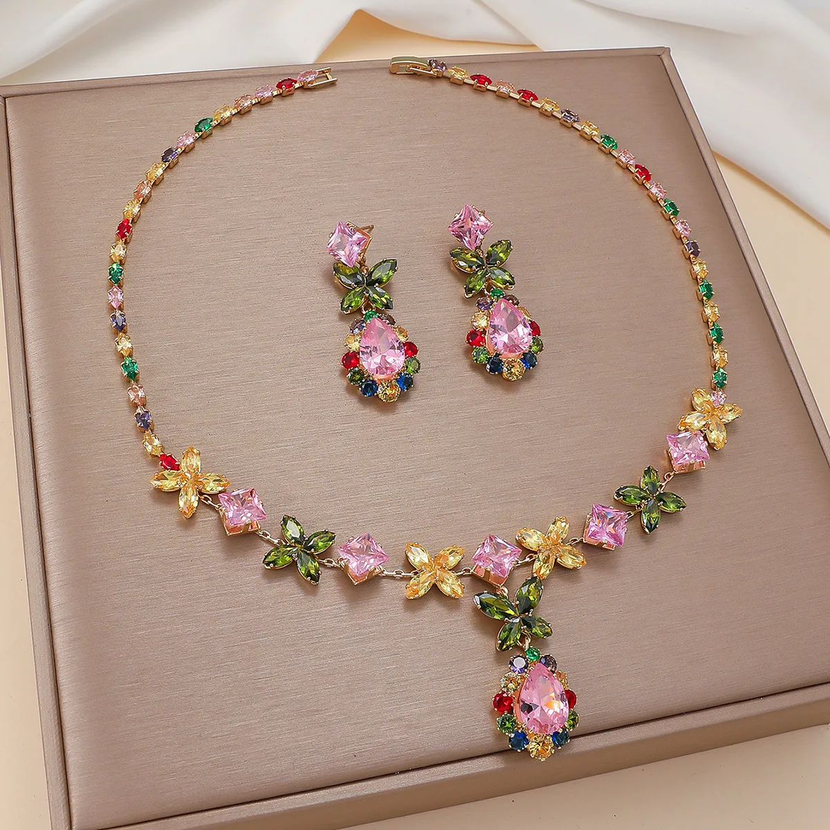 Sweet Colorful Zircon Butterfly Water Drop Necklace Earrings for Women Wedding Party Accessories Jewelry Sets with Box