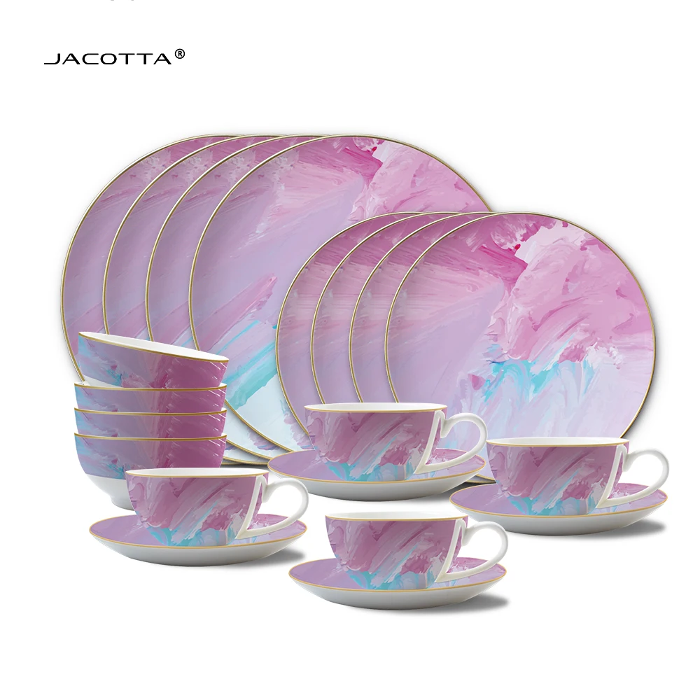 Wholesale Pink Oil Painting Pattern Gold Rim China Bone Luxury Dinner Set Plates Bowl Cups Dishes