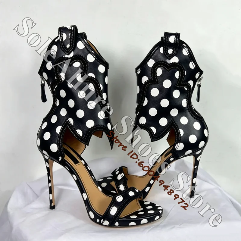 Wave Stitched Cutout Ankle Cuff Stiletto Sandals Single Vamp Strap Side Zip Black Leather Open Toes Western Women Statement Shoe