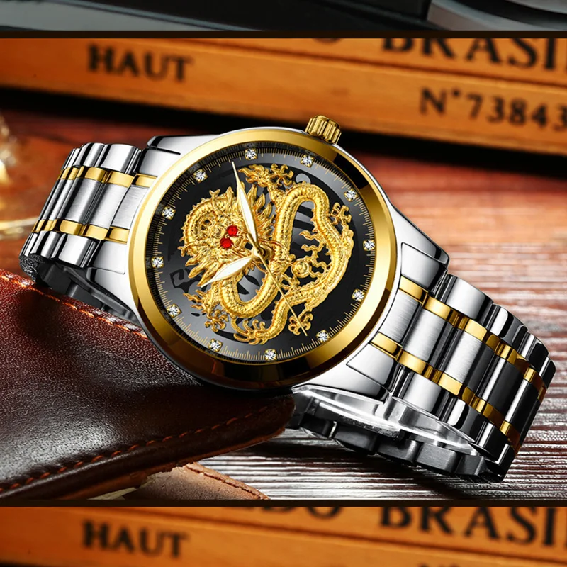 Reloj FNGEEN de lujo ultrafino para hombre, reloj de cuarzo con diseño de dragón luminoso, Color dorado, banda de acero inoxidable, reloj clásico para hombre