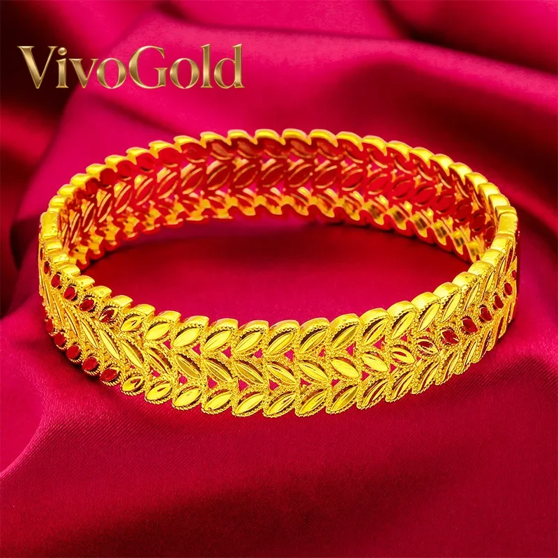 

Браслет VivoGold24K из золота 24K с широким ободком и застежкой-защелкой | Золот AU999, полностью из золота, с трехмерной текстурой в виде прожилок листа, выглядит как настоящий.