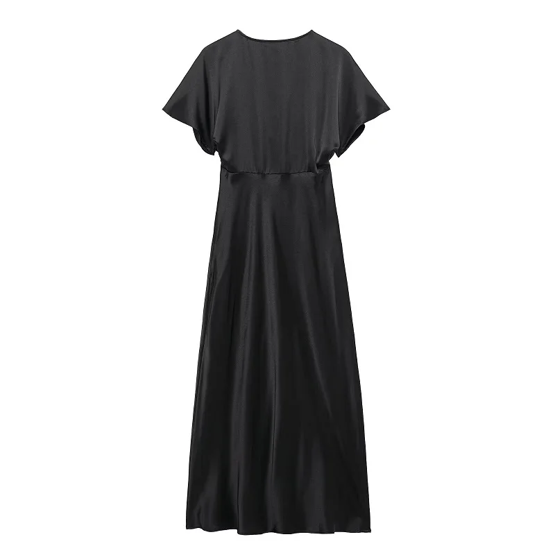 MUJER 2025 Satin Long Dress Woman Black Draped Midi Dresses for Women Elegant Party Women Dresses Short Sleeve Chic Female Dress