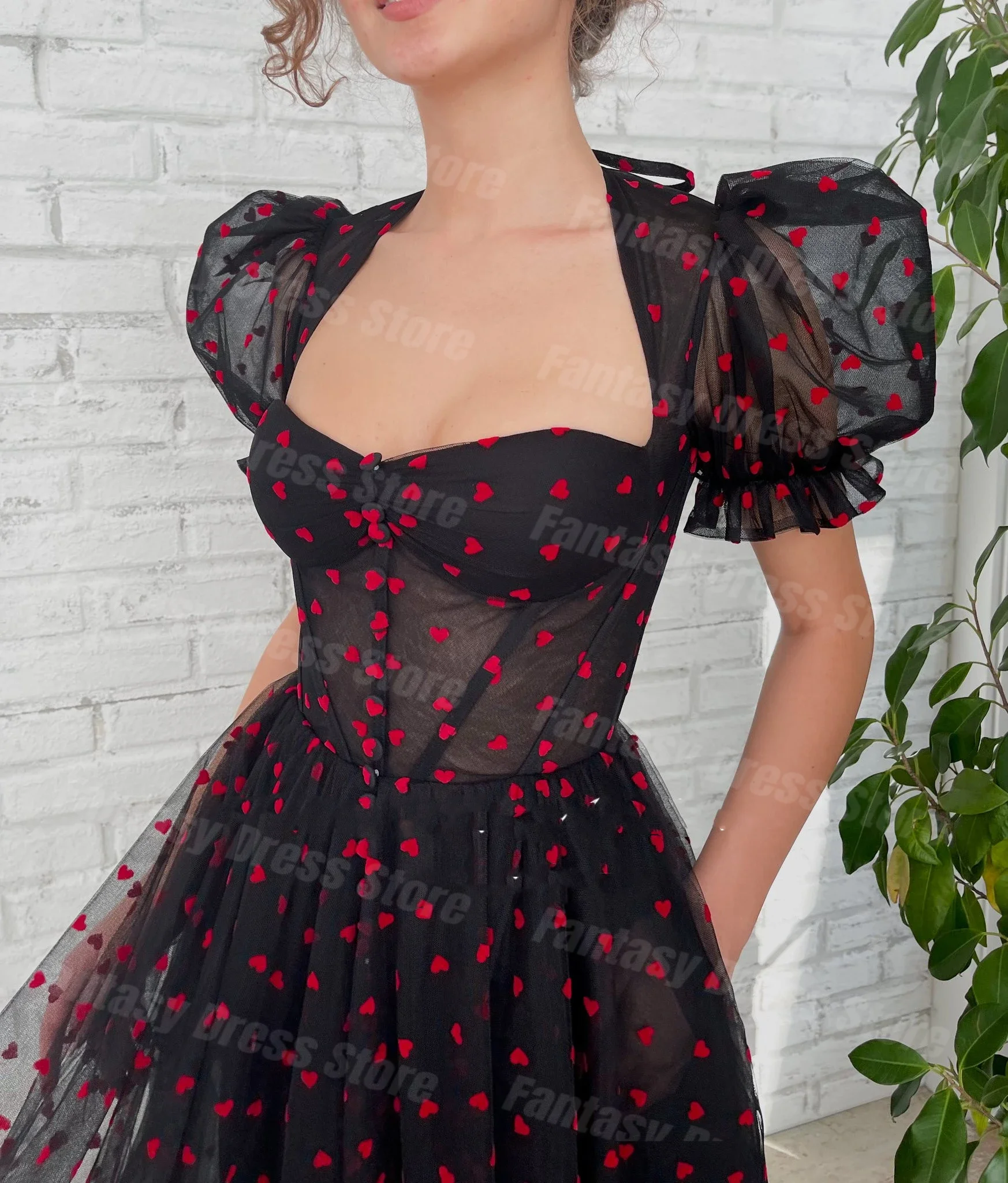 Sweet Black Chiffon Red Little Love Print A-line Prom Dresses Bubble Short Sleeve Sweetheart Tulle Backless Evening Dresses