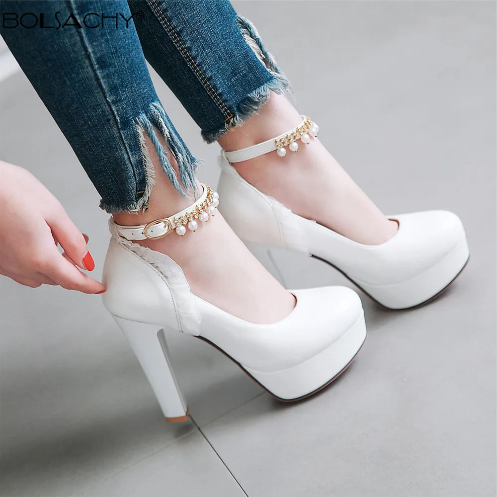 Sexy 10cm Super High Heels Women Ankle Strap Buckle Pumps Platform Ladies Elegant White Party Wedding Shoes Female Size 34-43