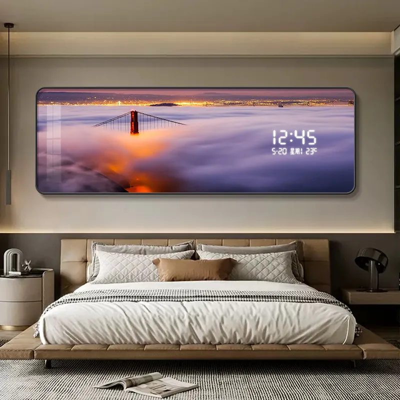 Modern wall decoration painting city night view bedroom wall clock digital display decoraciones de habitaciones home furniture