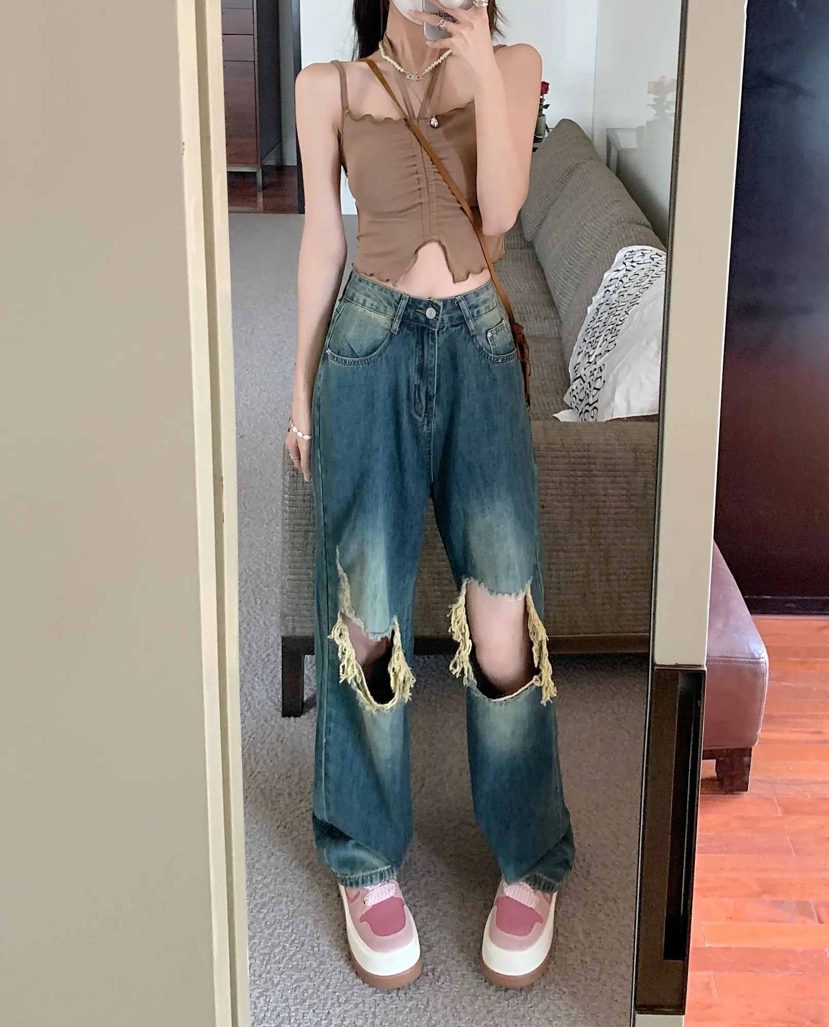 High Street Blue Hole Jeans High Waist Pants Women's Summer Loose Casual Straight Leg Wide Leg Pants Draping Feeling Made Old