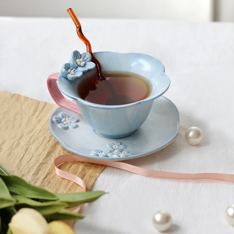 

Underglaze Hand-painted Cherry Blossom Petal Cup, Embossed Three-Dimensional Afternoon Tea Coffee Cup, Saucer Set Gift