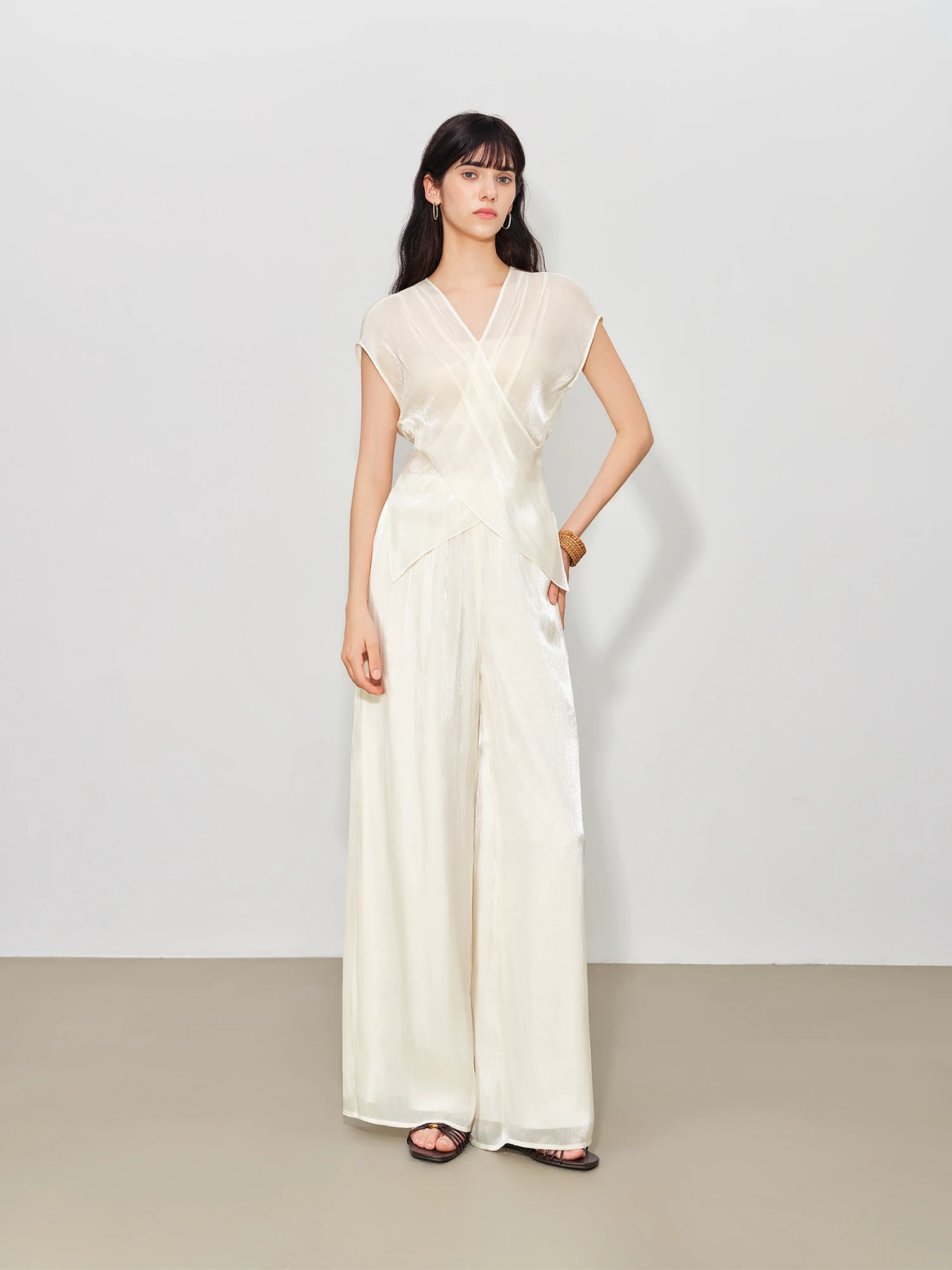 ZIQIAO 2026 Sommer Damen Satin-Wickeloberteil & Weite-Hosen-Set, Designer X-Silhouette Koordiniertes Ensemble für Mühelos Schicken Stil – Detail 7
