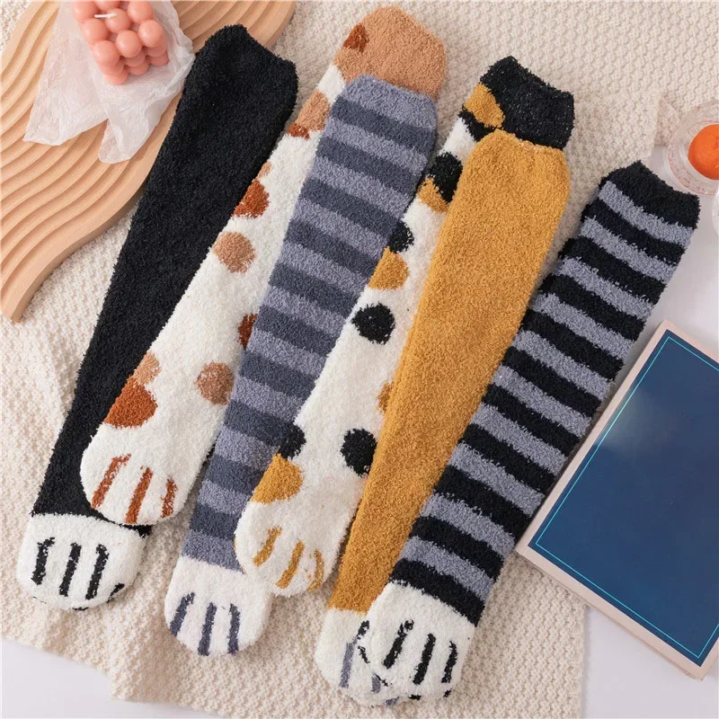 Women's Long Stripe Cute Floor Cat Paw Winter Socks  Sleep Thick Girls Cartoon Animal Fingers Warm Sock For Women Cat Foot Knee