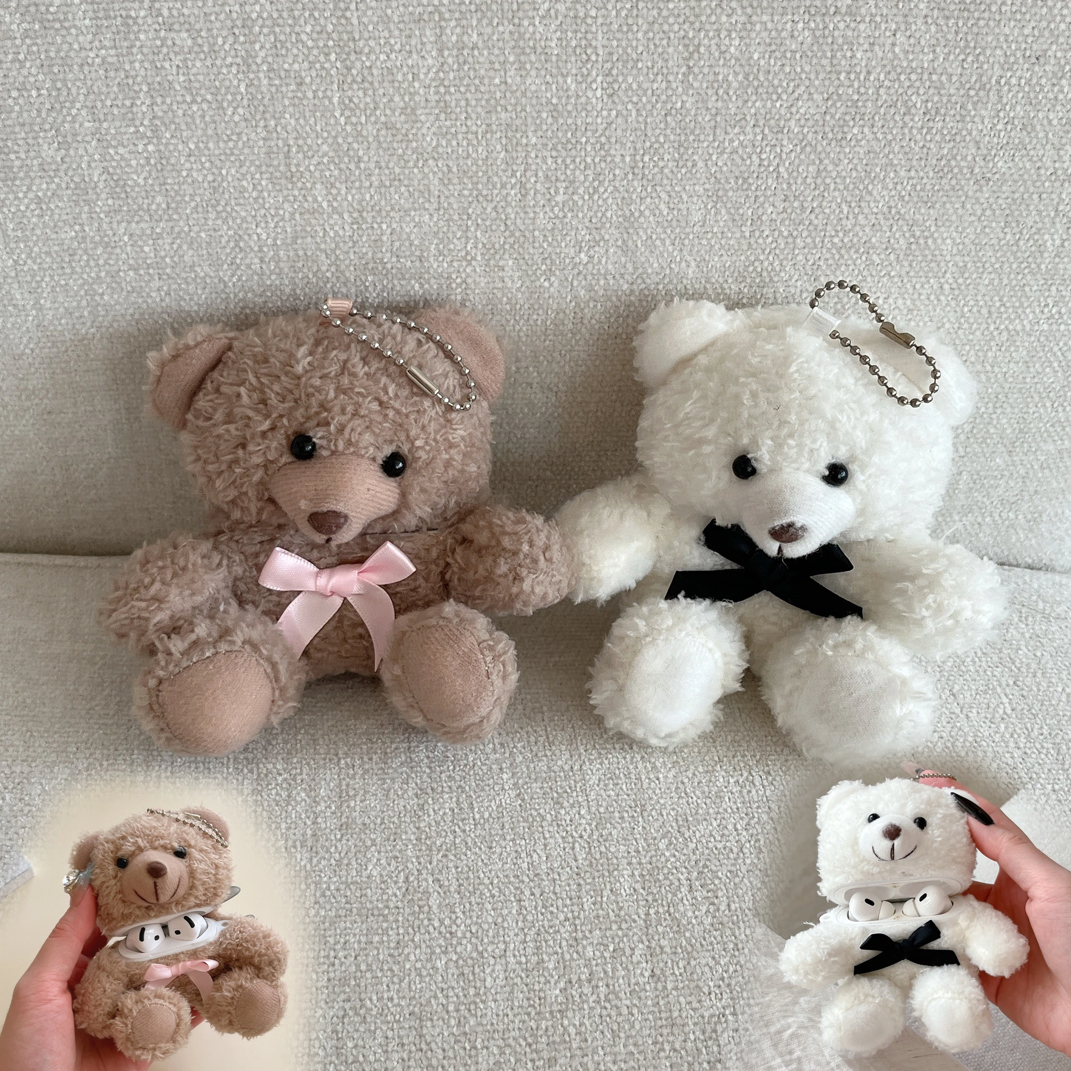 Cute Cartoon Fur Bowknot Bear Shape Case For Airpods 4 3 2 1 Air Pods Pro2 Generation Funny Fluffy Plush Warm Women Girls Cover