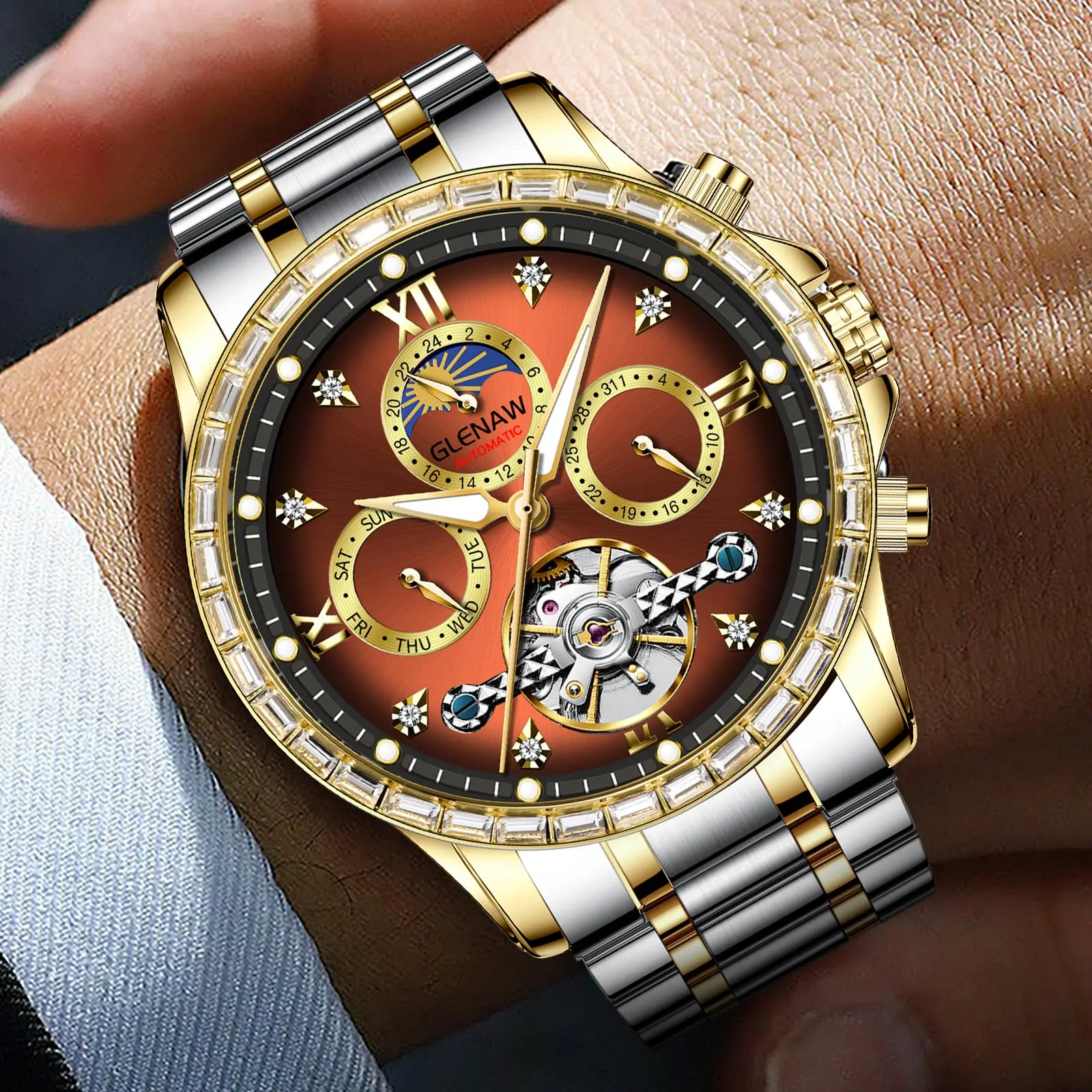 ساعة Glenaw من أفضل العلامات التجارية الأوتوماتيكية بالكامل متعددة الوظائف ميكانيكية للرجال، ساعة مقاومة للماء