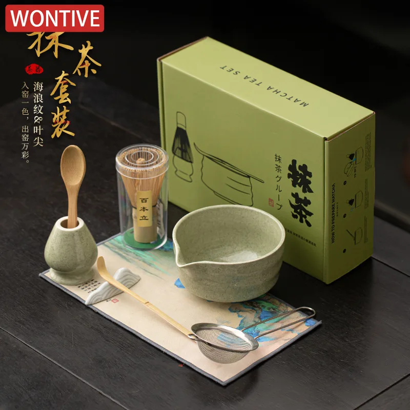 

8pc/set Japanese Wave Pattern Matcha Ceramic Tea Whisk Standing Leaf Tip Bowl Filter Screen Tea Dial Utensils Tea Ceremony Gift