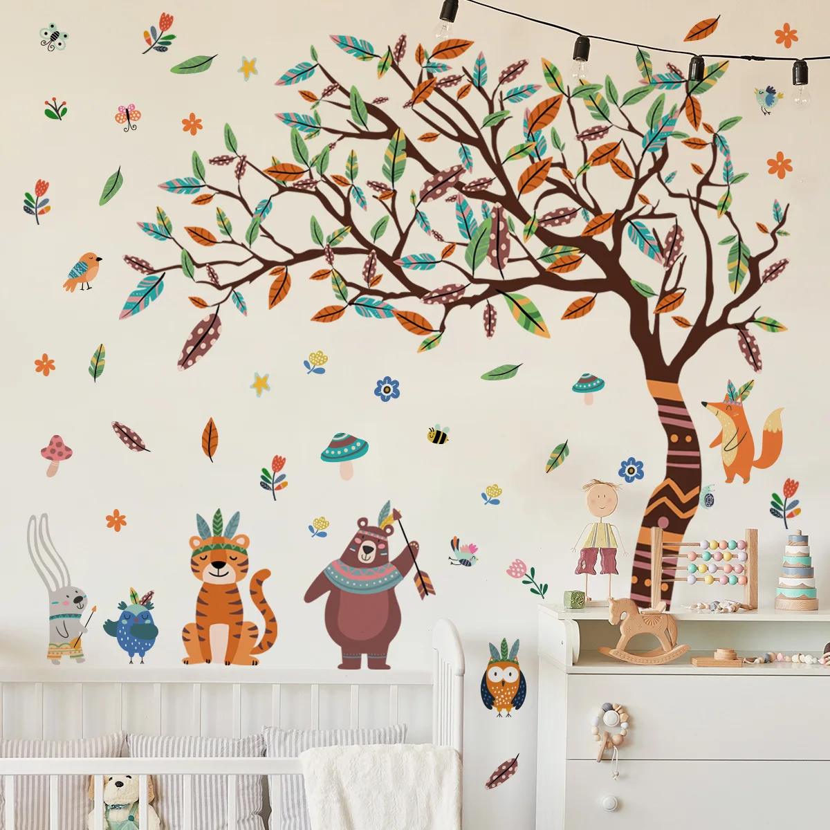 6pcs Tong Forest Animal Tiger Bear Big Tree Wall Sticker Kindergarten Children's Room Background Decorative Wall Sticker Ms7021