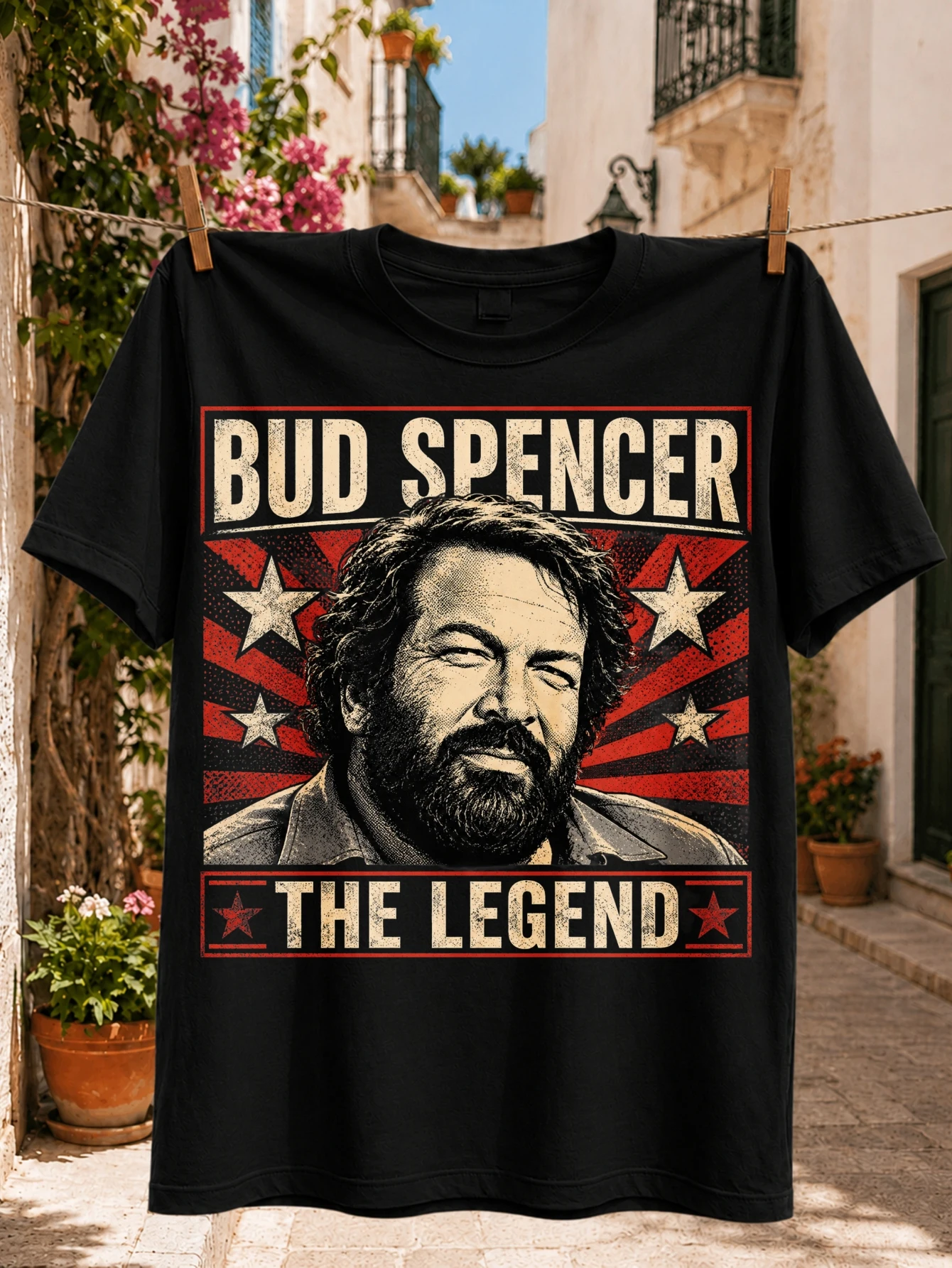 Vintage Graphic with Bud Spencer Winking Portrait Red Rays Stars and The Legend Front Print Tee  Unisex All T-Shirt