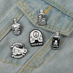 Punk Skeleton Enamel Pins Custom Black White Skull Potions Brooches Lapel Badges Cool Gothic Jewelry Gift for Friends