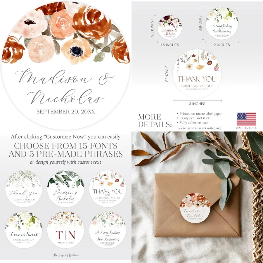 

Personalized Floral Wedding Stickers with Your Choice of 30 Flower Styles - Customize Font and Select One of Five Pre-made Phra