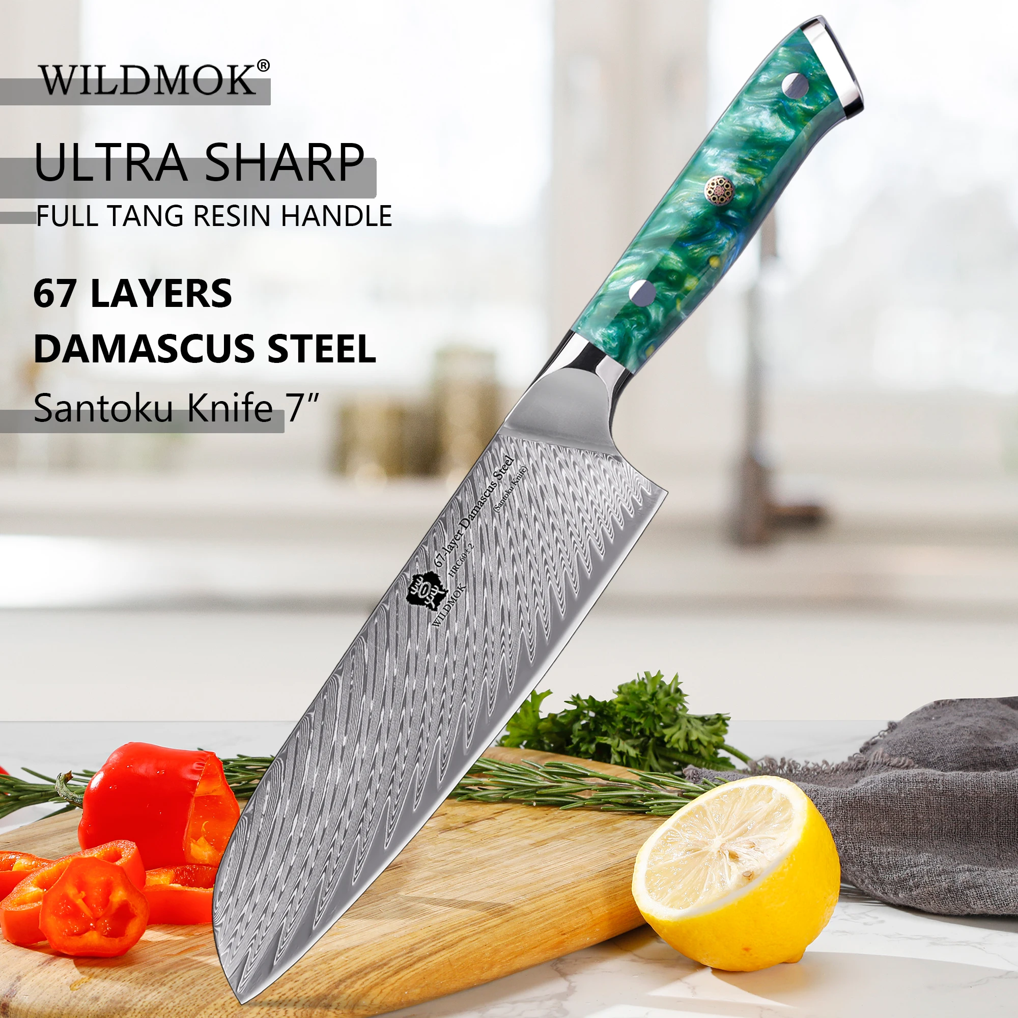 WILDMOK VG10 Damascus 7 inch Santoku Kitchen Knife, Ergonomic Resin Handle, Sharp Blade for Kitchen Cooking & Food Prep