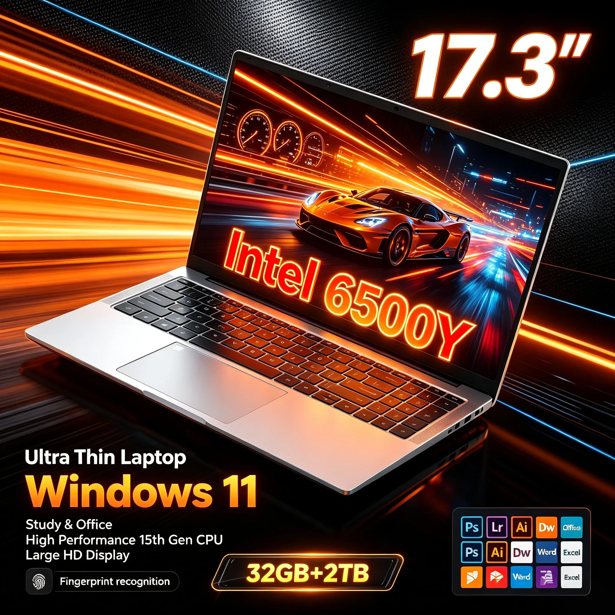 17.3'' Inch Portable Laptop Large HD Screen Intel 6500Y 32GB RAM 1TB or 2TB SSD Windows 11 WiFi6 BT5.2 Notebook For Home Office
