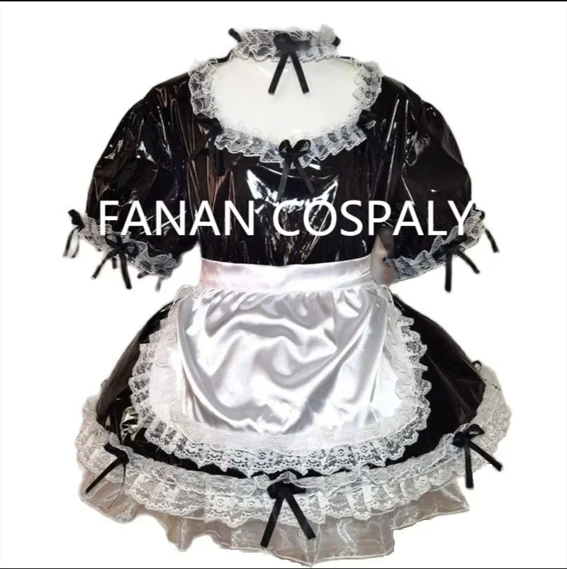 

Adult Giant Baby Sexy Girl Black Thin PVC Sissy Short Sleeved Dress White Satin Apron Japanese Maid Role-playing Customization